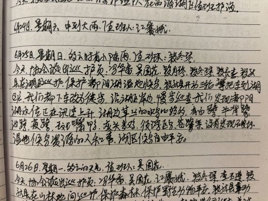 协会巡护记录本上详细记录着每天的情况。刘发为 摄